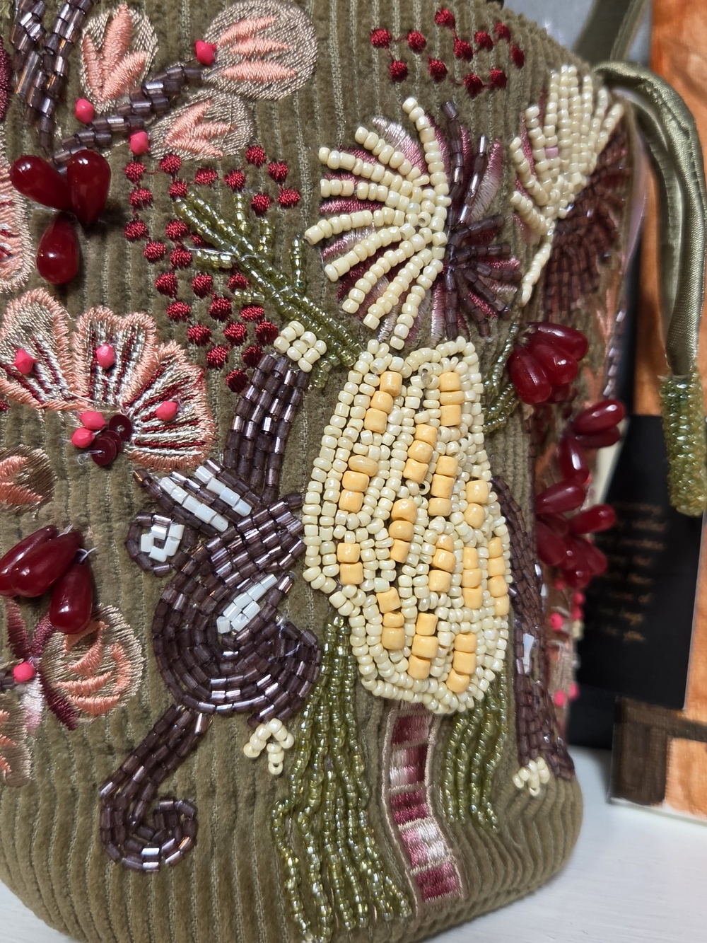 Embroidered Beaded Floral Bucket Bag - Olive Green - Picture 3 of 5